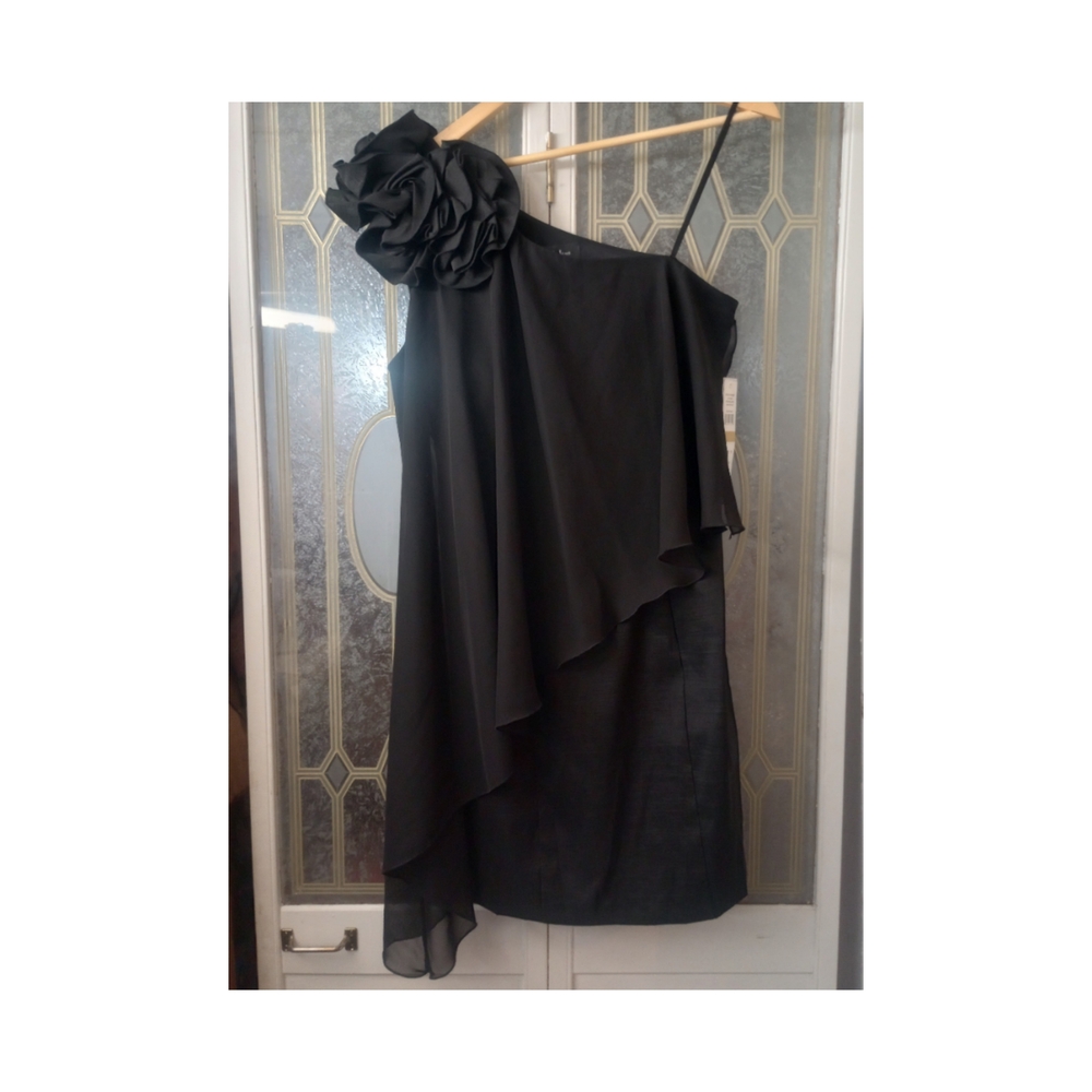 S.L. Fashions Black One-Shoulder Dress with Floral Detail
